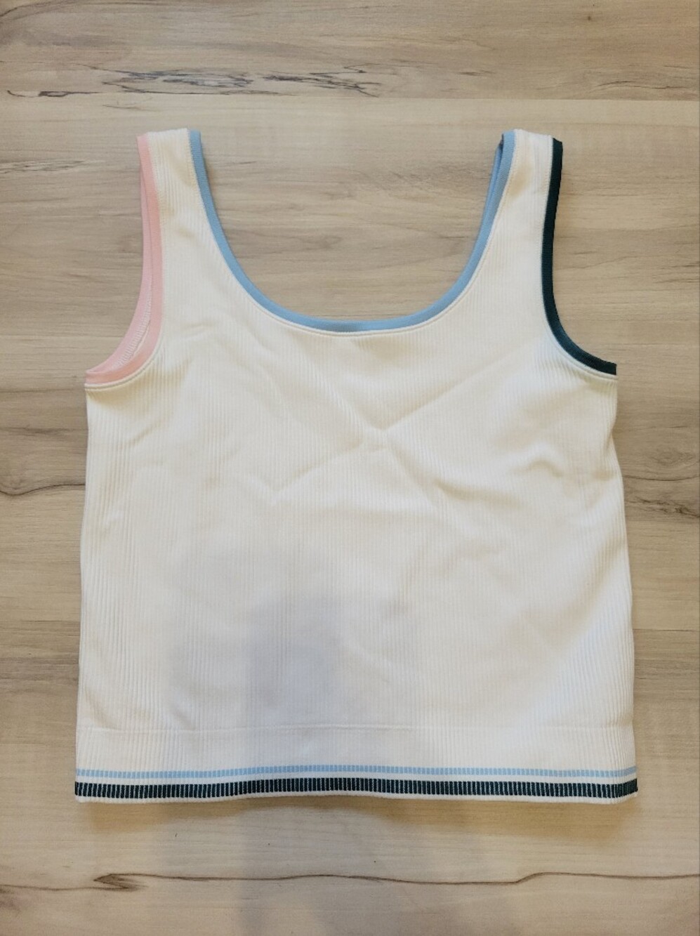 Athleta White Ribbed Tank Top with Pink, Blue and Dark Green Trim PTP 13"